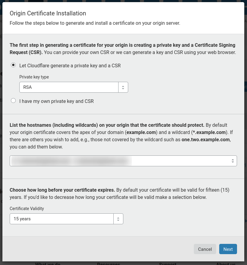 cloudflare create certificate options