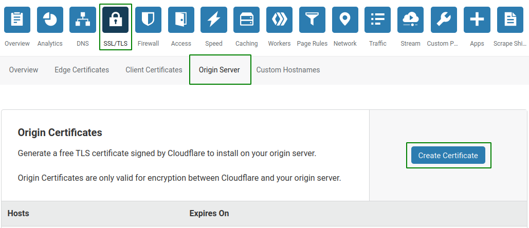 cloudflare origin server create certificate