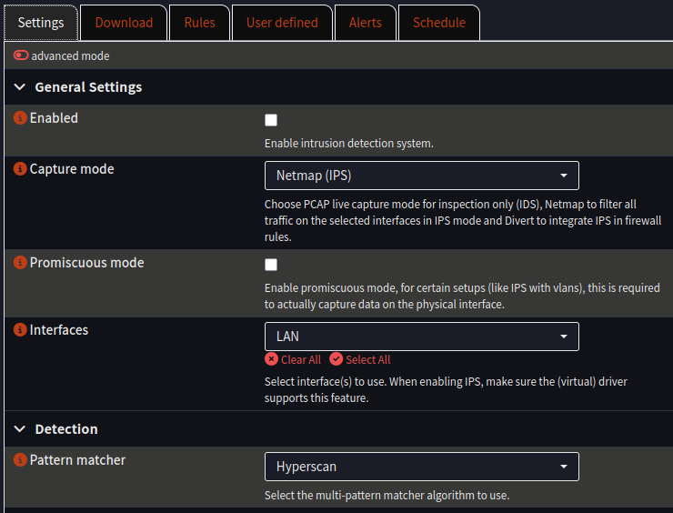 Intrusion Detection Settings page